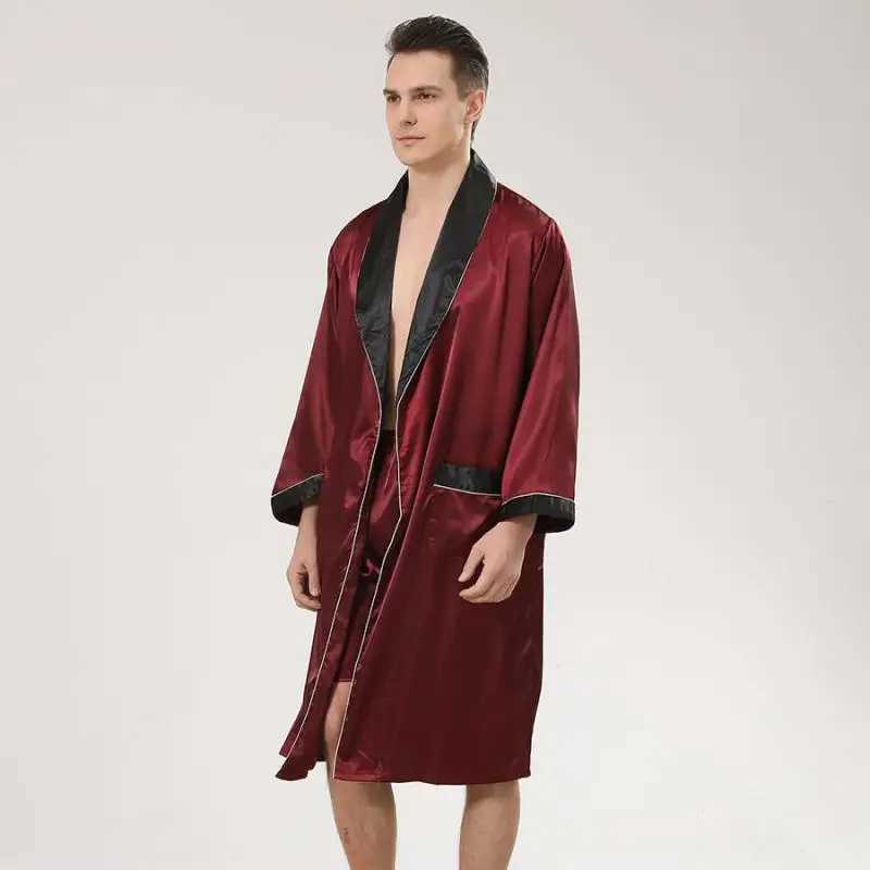 Men Satin Robe Set Loose Bathrobe Gown Long Sleeve 2PCS Sleewear Lapel Robe Shorts Male Casual Sleep Set Silky Pajamas SetXJ241018