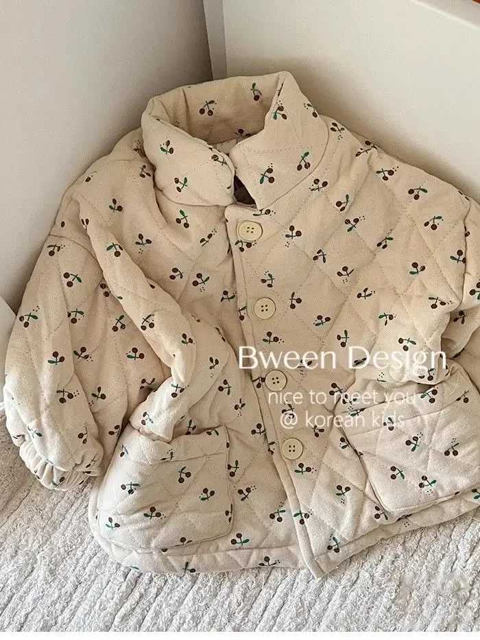 Autumn/Winter New Girl Baby Fashion Comfortable Cherry Printed Round Neck Thin Cotton Coat M241018