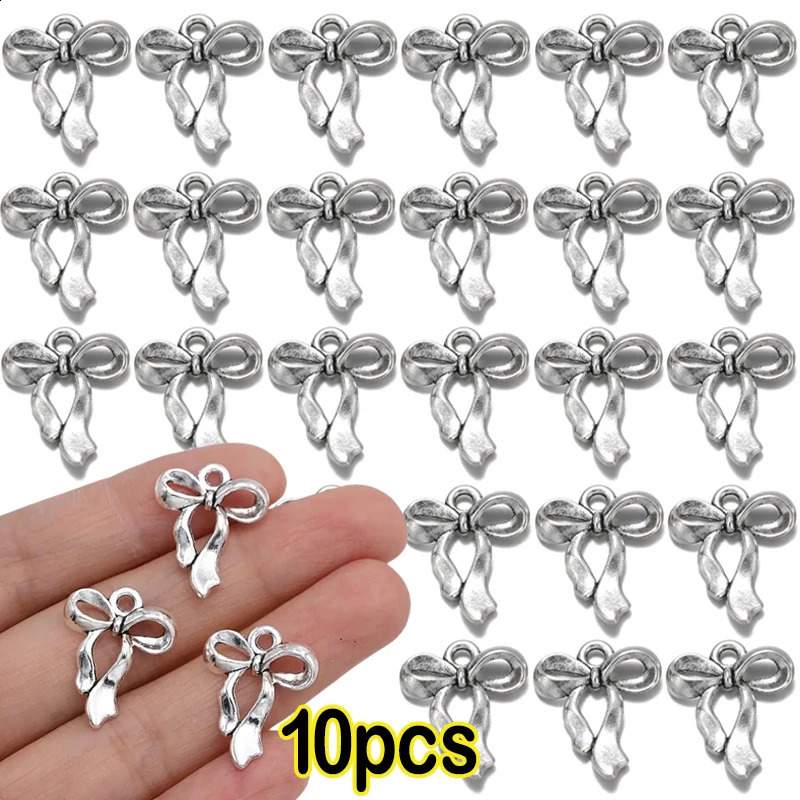 10Pcs Silver Plated Bow Charms Pendants Bulk For Jewelry Making DIY Necklace Bracelet Earrings Key Chain Accessories Supplies 241010