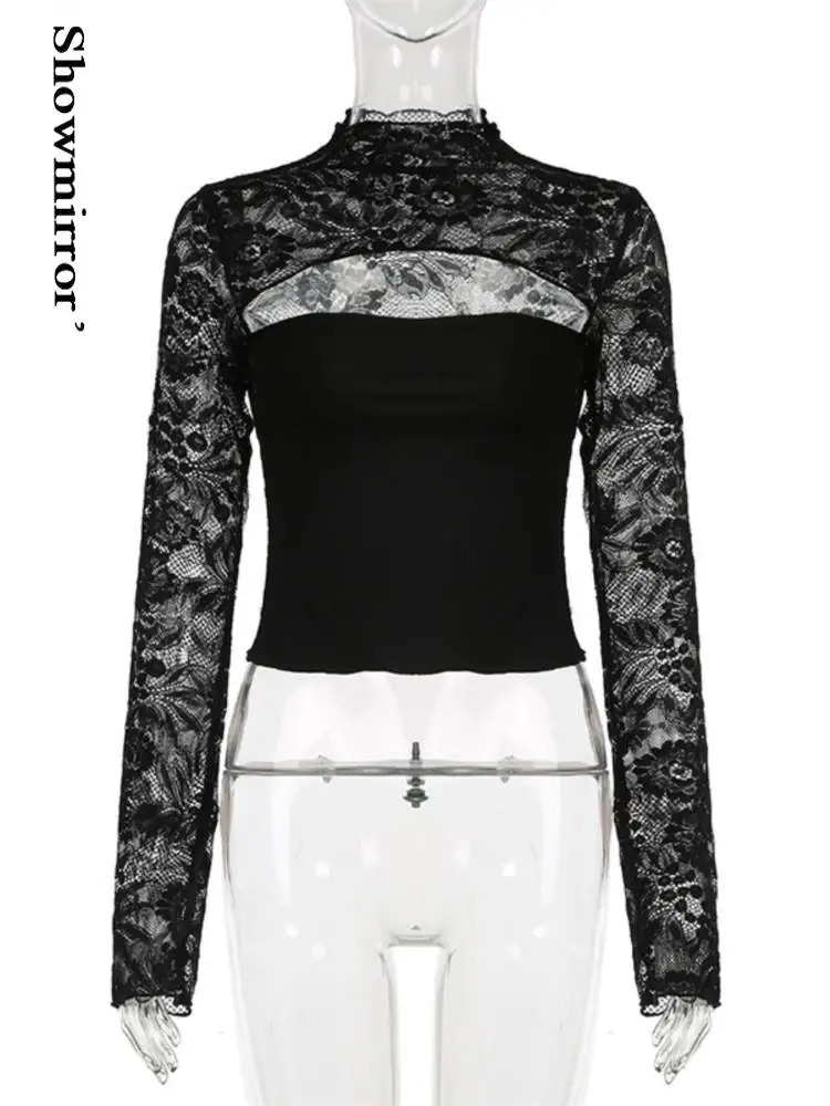 hollowedout lace cropped top tshirt hollow out chest long sleeve sexy y2k Girl party club gothic clothes shirt 241018