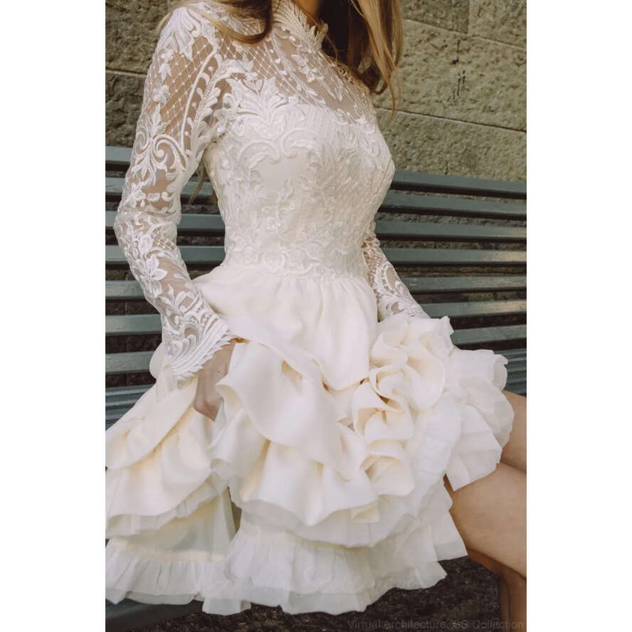 Short A Tiered E Wedding Dresses Lace Top Illusion Long Sleeves High Neck Mini Bridal Gowns Summer Beach Robe De Mariee