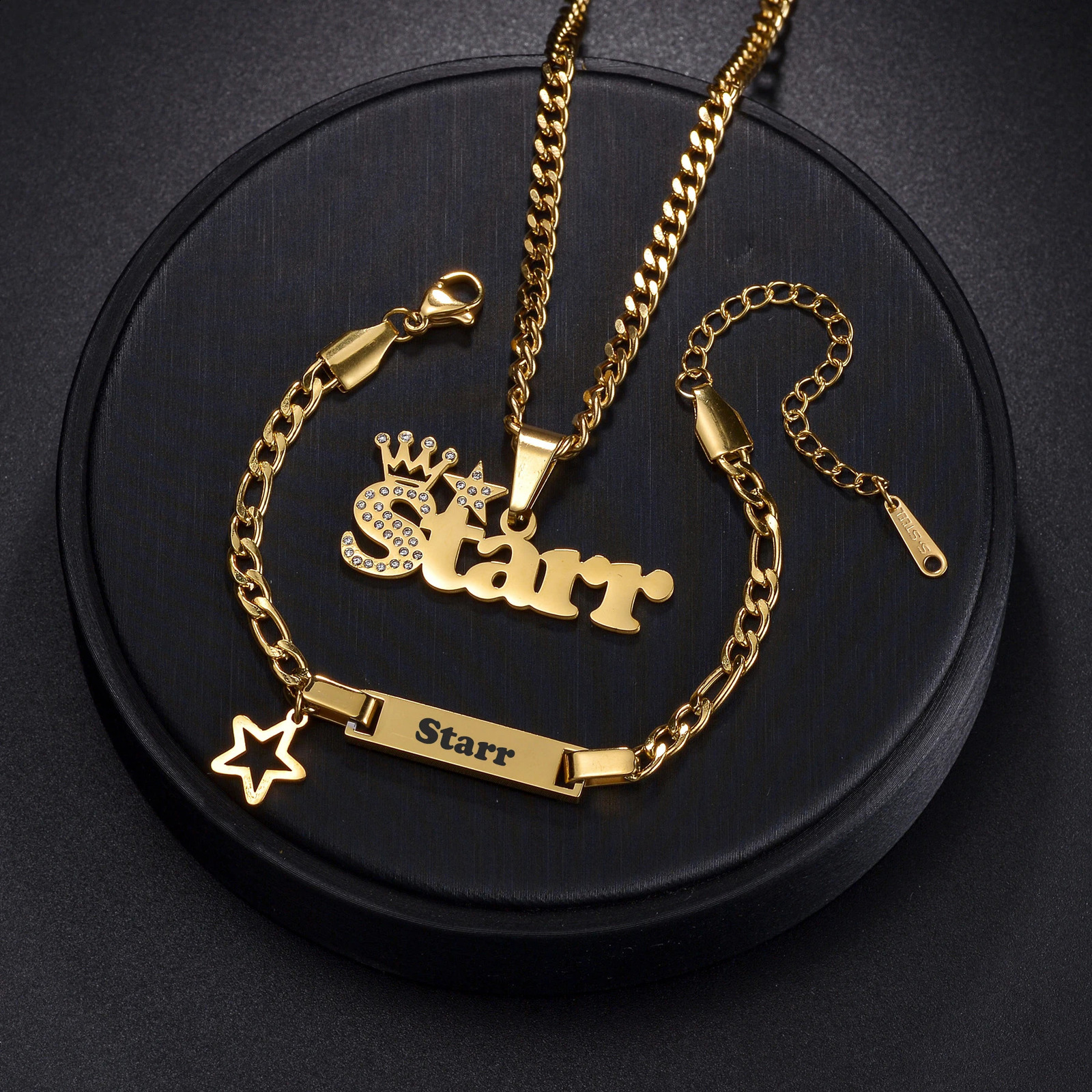 Carving custom Chirldren name bracelet 30cm necklace stainless steel jewelry set personalized Christmas gift for children 241018