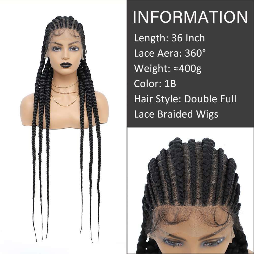 36" Full Lace Front Wig Cornrow Braided Wigs Knotless Box Braid Wigs With Baby Hair Synthetic Braids Lace Frontal Wigs For Women