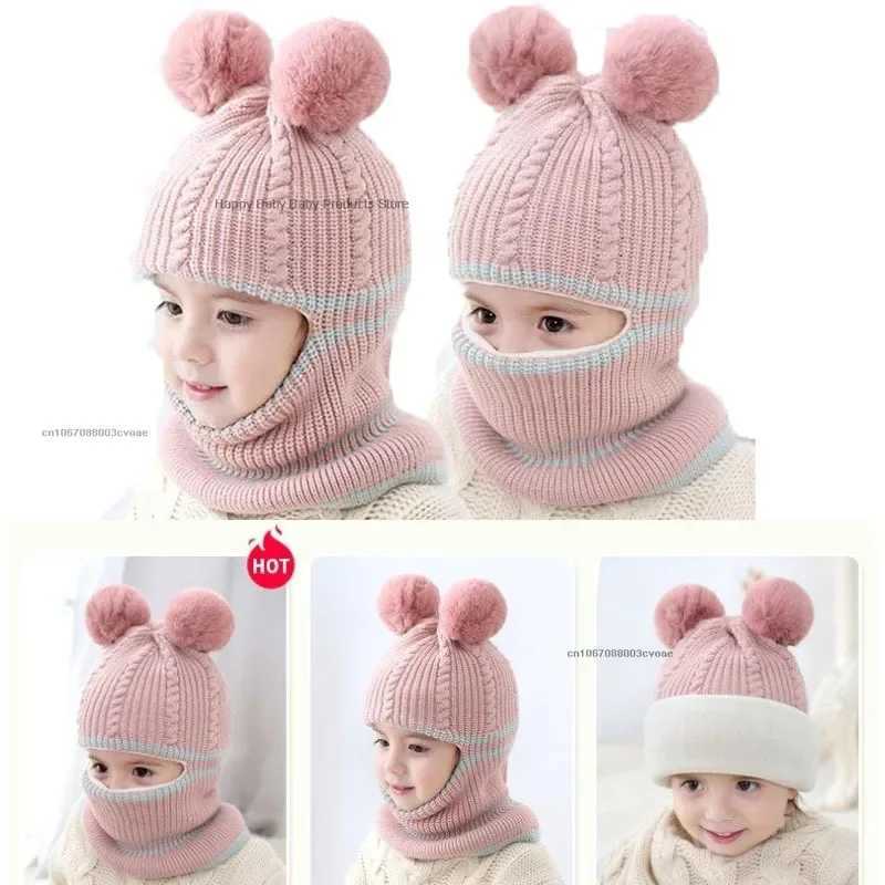 2-5Y Winter Baby Hat Scarf One-Piece Pompom Knit Hat for Kids Warm Neck Ball Cap for Girls Boys Windproof Beanies Infant Cap LX241018