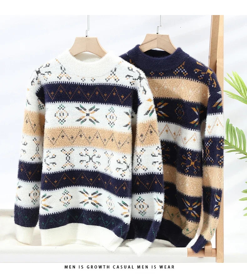 Korean Menswear Contrast Color Striped Sweaters Mens Knitted Pullover Hoodie Men Trendy Wool Knitwear Thick Mock Neck Sweater 241018