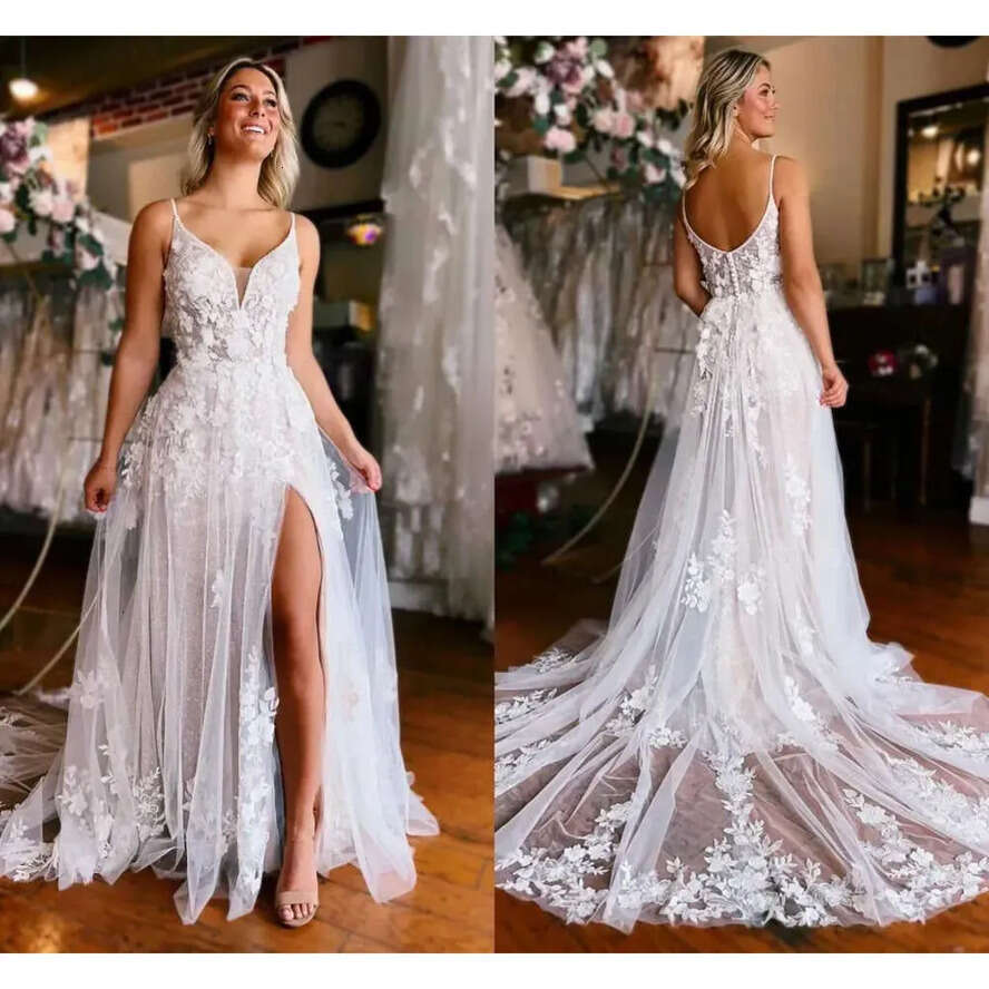 Summer Tulle Bohemian Elegant Lace Wedding Drs A E Backls Spaghetti Straps Appliqu Ruffl Long Bridal Gowns With Front Split Rob De Bc ppliqu