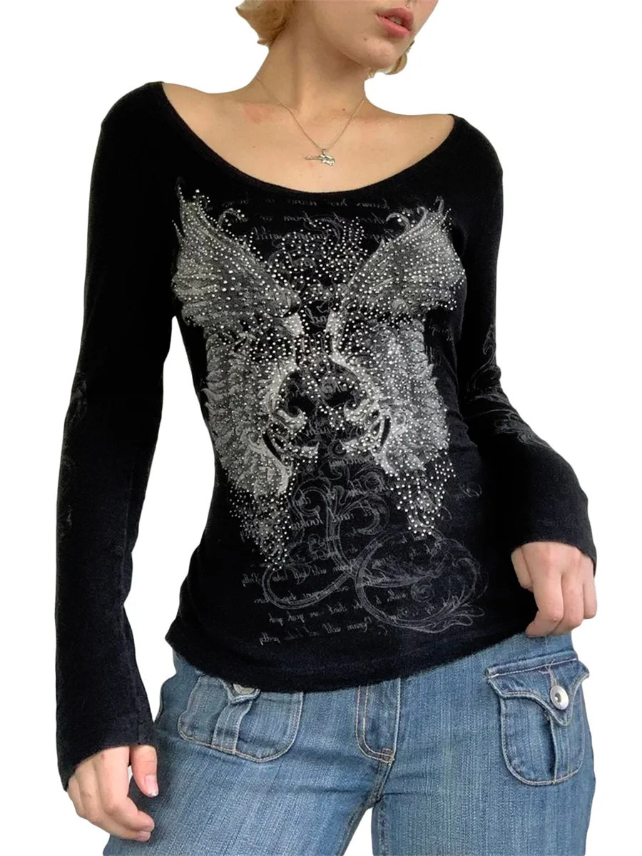 Y2k Fairy Grunge Graphic Long Sleeve Tees Tops Women Autumn EGirls Aesthetic Gothic Floral Print Baggy T Shirts Emo Clothes 241018