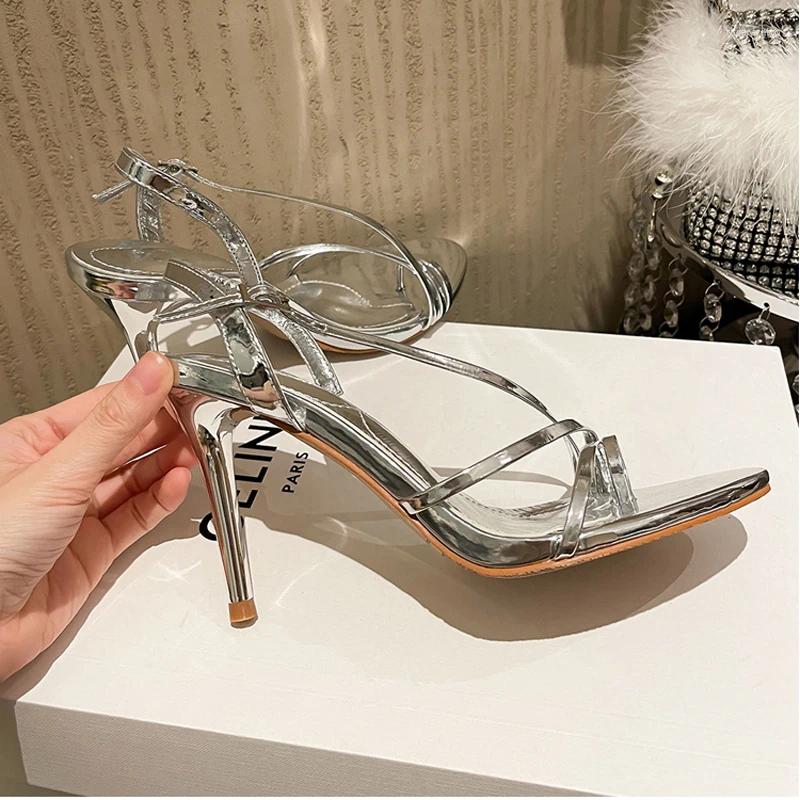 Sandals 9cm Heeled Sier Belt High Heels Sexy Women Summer Ladies Office Shoes Gold Stiletto Sandalias Mujer