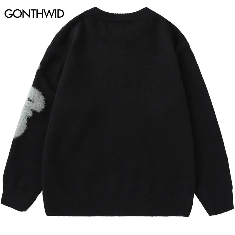 Harajuku Fluffy Letter Sweater Hip Hop Knitted Jumpers Streetwear Men Fashion Casual Loose Pullover Sweaters Knitwear 241018