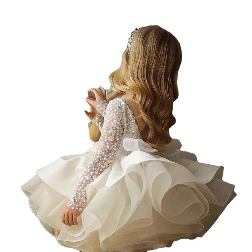 yellow sequied Ball Gown Flower Girls Dresses for Weddings Little Kids Toddler Pageant Dress Long Sleeves Crystal First holy Communion Gowns 2024 new 