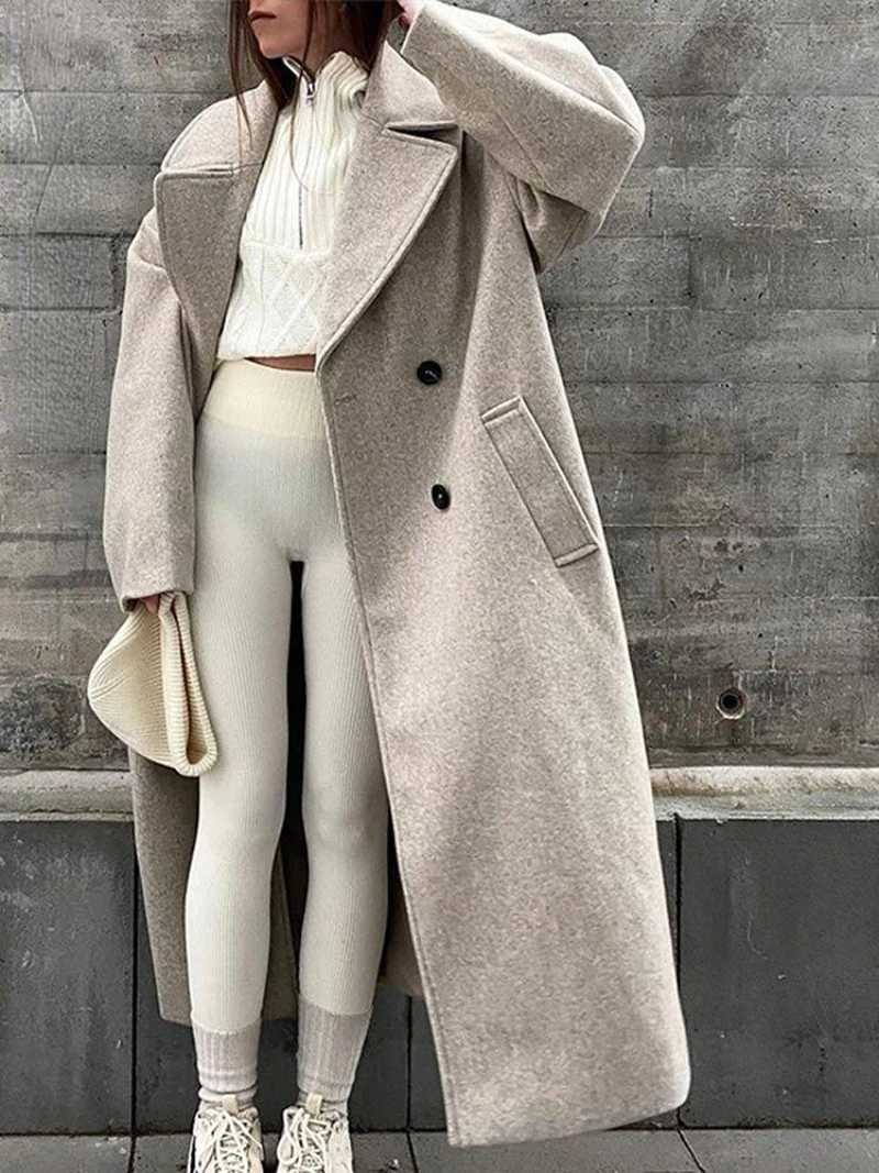 Women Oversize Lapel Double Breasted Woolen Coat Female Fashion Long Sleeves Wool Jacket 2022 Winter Warm Loose Commute OvercoatX241009