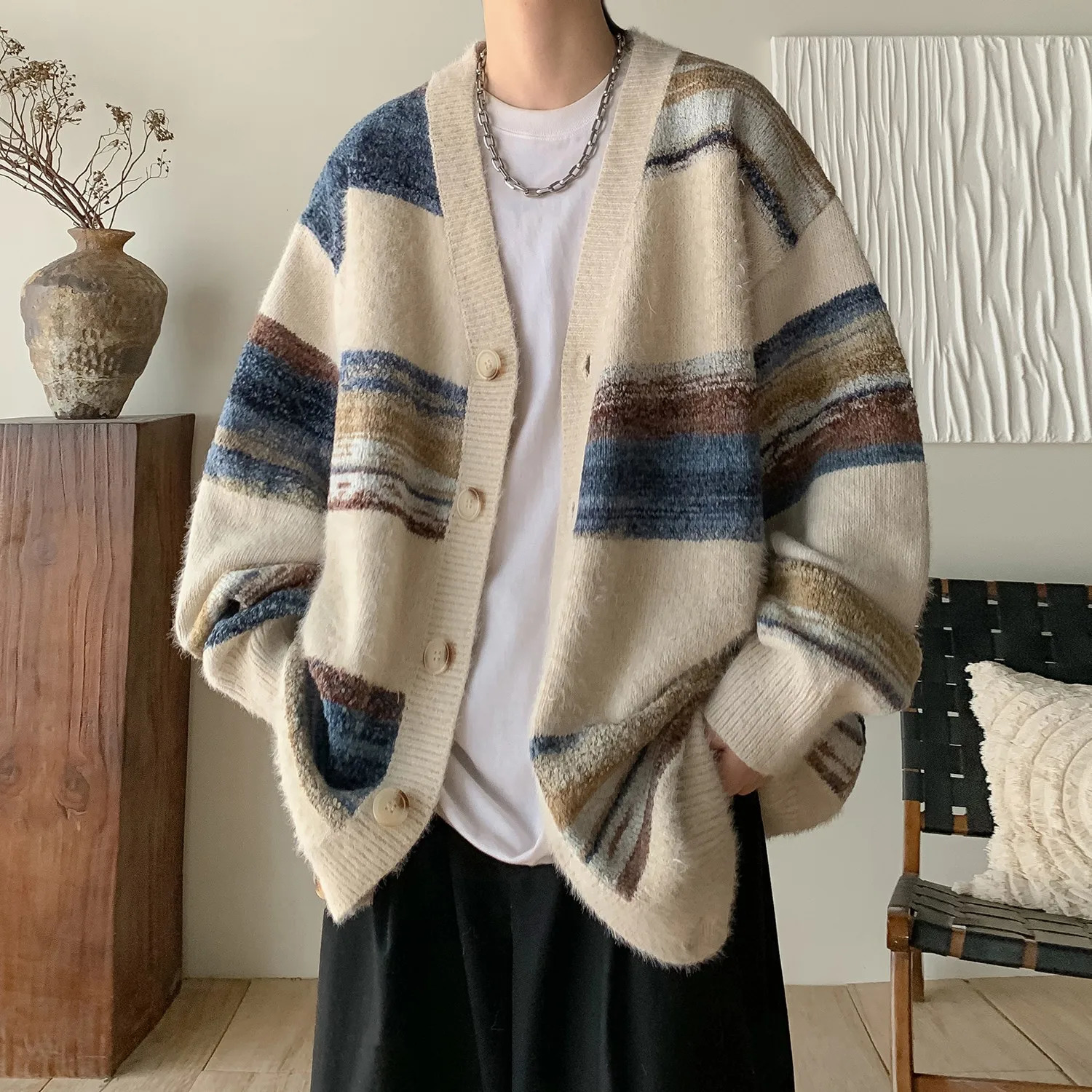 Mens Clothing y Knit V Collar Patchwork Cardigan Sweater Coat Long Sleeve Korean Leisure Oversized Knitwear M3XL 241018