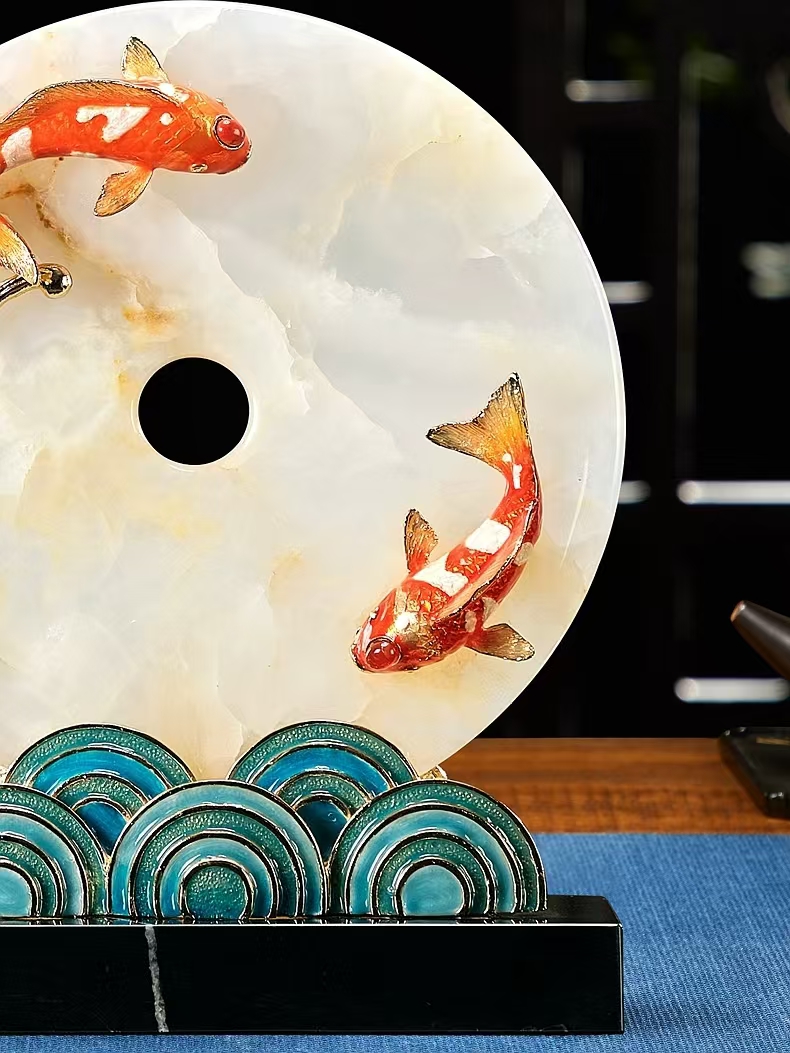 Premium Koi Fish Feng Shui Ornament - High-End Chinese Decor for Living Room, Peace Amulet for Good Karma, Ideal Housewarming and Business Opening Gif