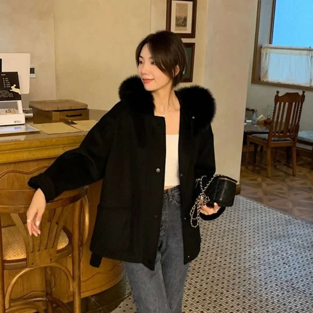 Real Fox Woolen Coat Female 2024Winter New Women Loose Temperament Large Size Thickened Parkas Big Fur Collar Hooded Outwear