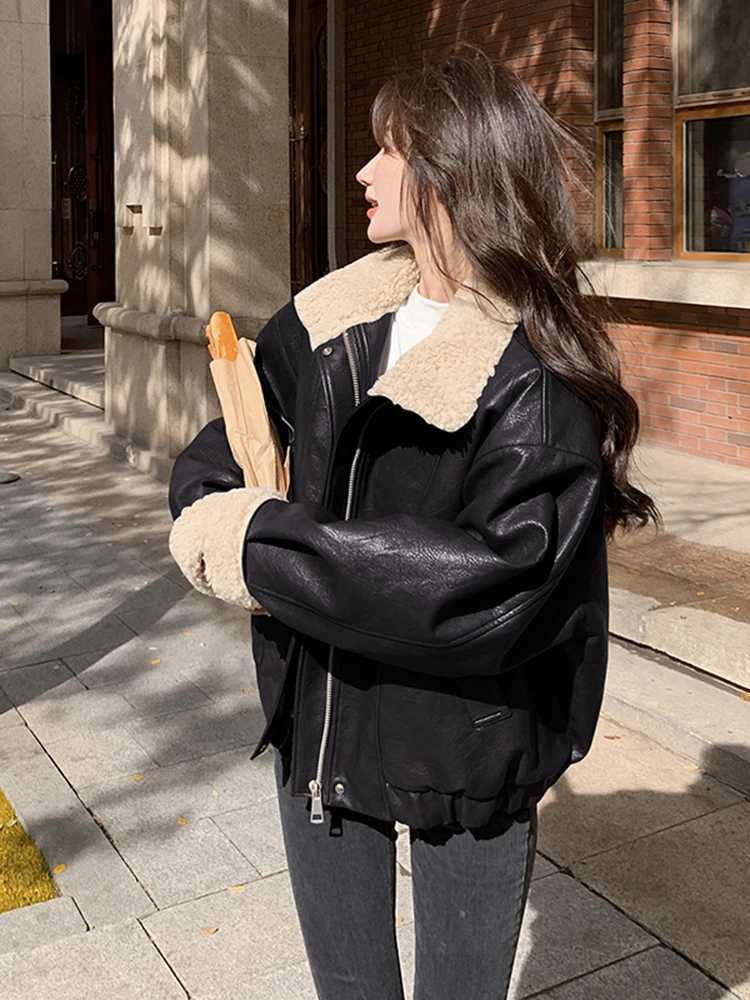 LANMREM Motorcycle Leather Fur Integrated Lamb Wool Coat For Women Lapel Long Sleeves Cool Coats 2024 Autumn Winter New 2DB1057X241018