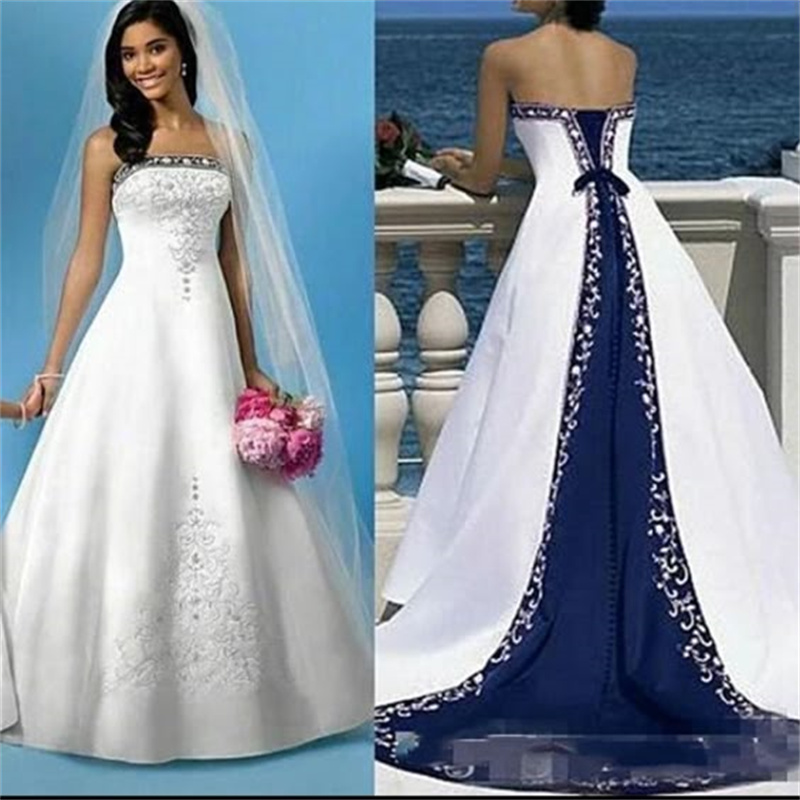 Fancy Navy Blue Gothic Wedding Dresses Sexy Strapless Embroidery Beaded Corset Country Bride Dress Elegant Women Garden Beach Satin Bridal Vestio De N