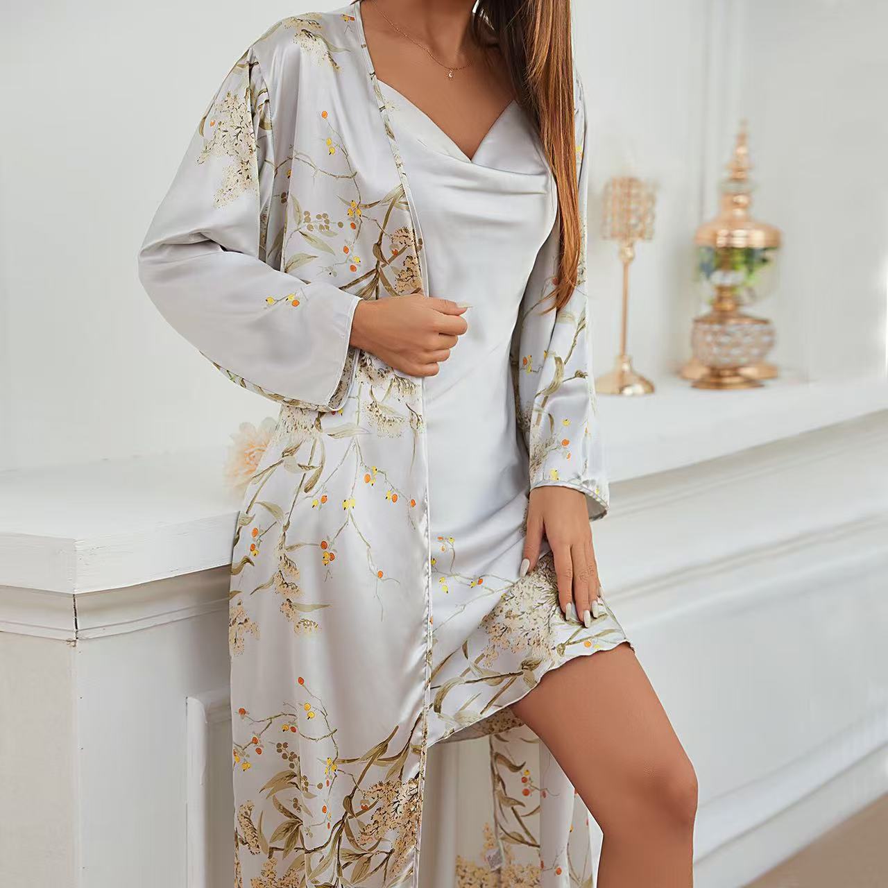 Designer's minimalist women's four season home suit with tie up nightgown and skirt, two-piece set of thin outer wear, medium to long pajama