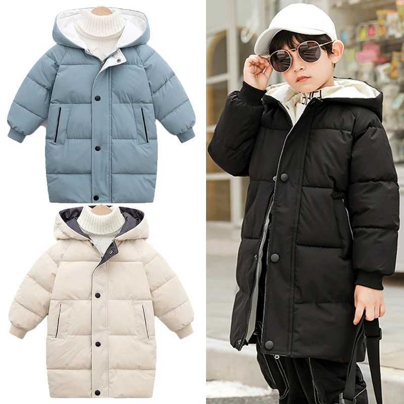3-10 Year Youth Boys Jacket Winter Long Style Solid Color Thick Style Warm Hoodie Womens Cotton Snow Jacket M241018