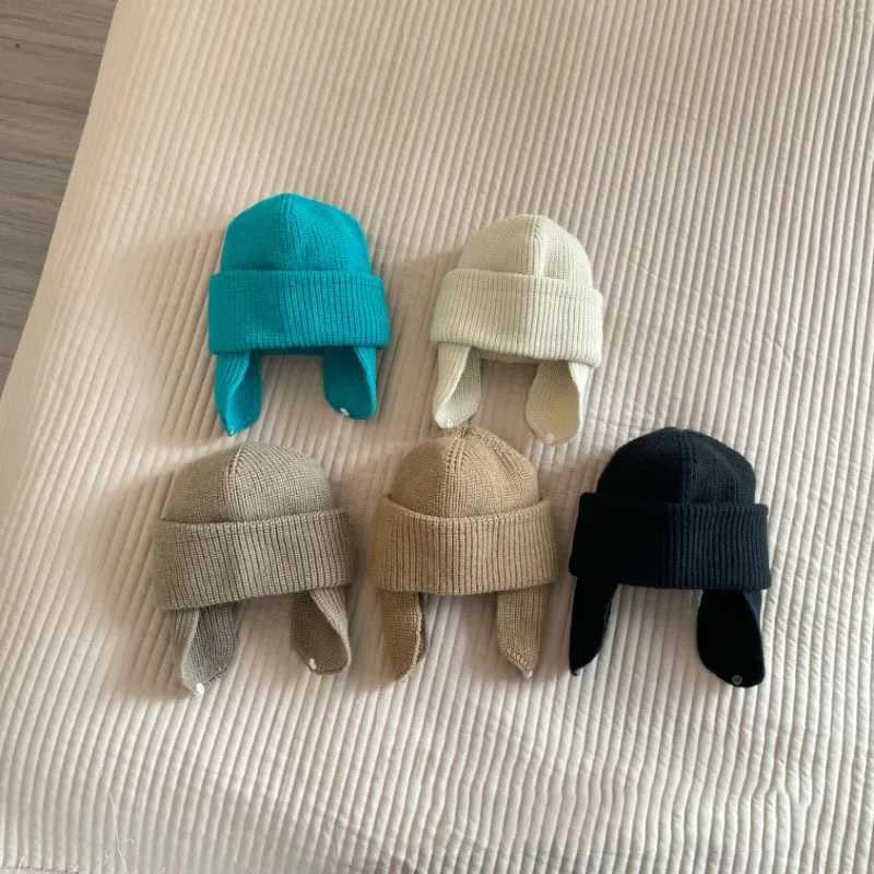 Korea Baby Knit Hat Solid Color Kids Beanies Autumn Winter Baby Bonnet Cap Children Ear Protection Caps For Girls Boys LX241018