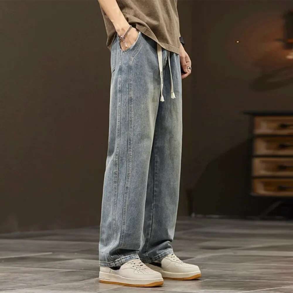 straight men's wide legged denim casual trousers Korean style Sportswear clothing men pants baggy jeans