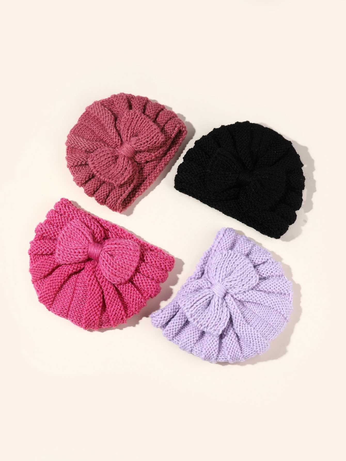 4pcs Bow Knit Baby Hat Girls Boys Elastic Bonnet Autumn Winter Warm Turban Hats Solid Color Woolen Cap Kids Accessories LX241018