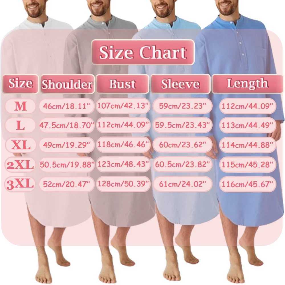 Causal Mens Sleep Robe Solid Color Long Sleeve Nightgown O Neck Button Up Leisure Men Bathrobe Homewear Long Shirt Kaftan ThobeXJ241018