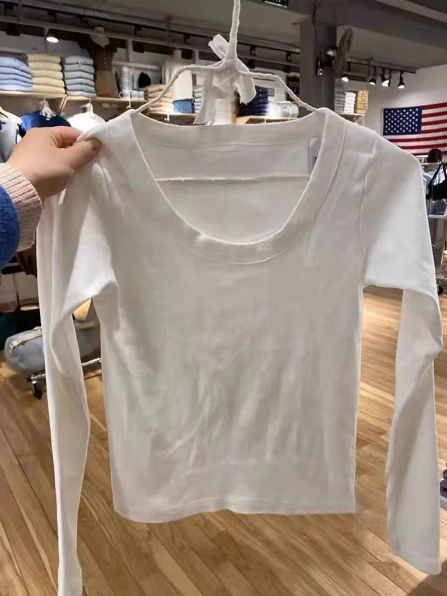 Women Solid Long Sleeve TShirt O Neck Basic Casual Slim Tee Shirt Spring Fashion Cotton Y2k White Simple Cute Tops Chic 241018