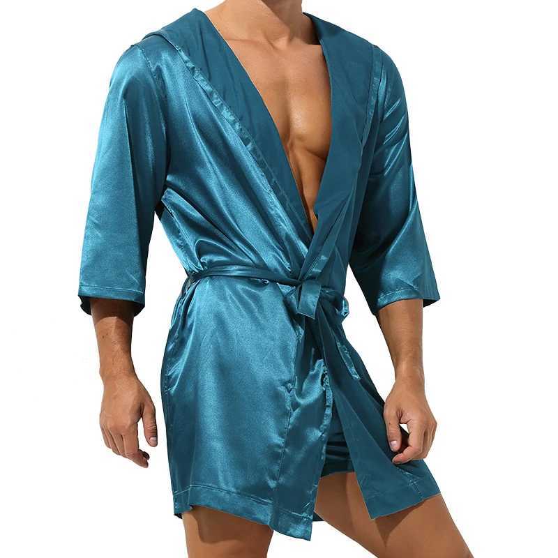 Mens Sleepwear Robe Night Clothes Silk Kimono Bathrobe Men Hooded Szlafrok Pajamas Peignoir Sleeve Ropa Sexy Hombre Mans GownXJ241018