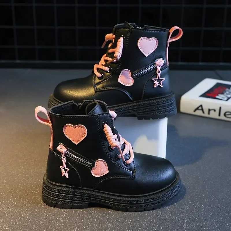 Boots Black/Girls Leather Boots Velvet Non Slip Low Cut Side Zipper Winter Outdoor Girls Fashion Single Boots H241018