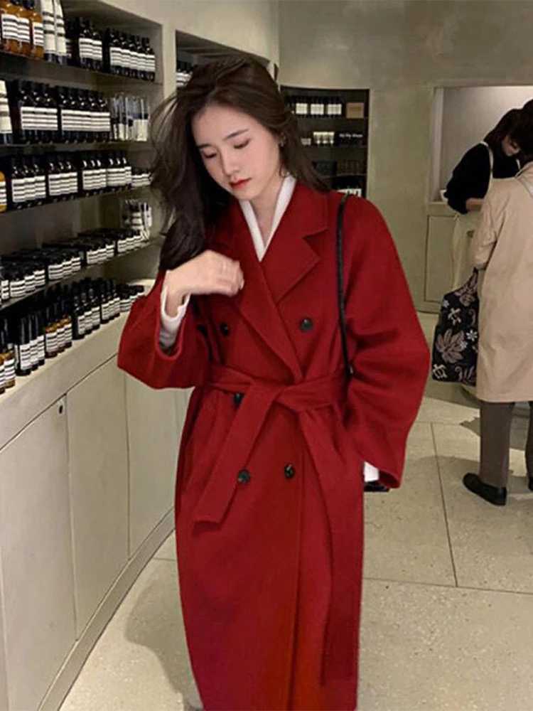 Women Loose Thicken Tweed Overcoat 2023 New Autumn Winter lace up Simple Fashion Solid 2 Sets Jacket Female Oversize Casual CoatX241009