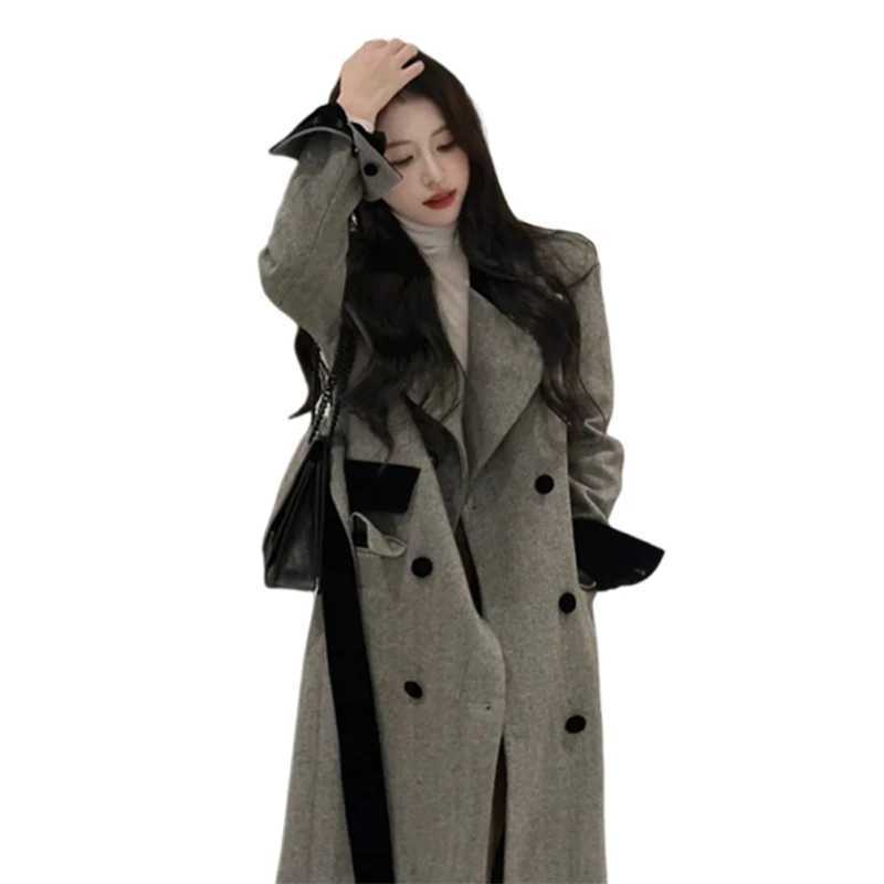 Hepburn style gray woolen coat for womens autumn and winter 2024 new long suit style woolen coatX241009