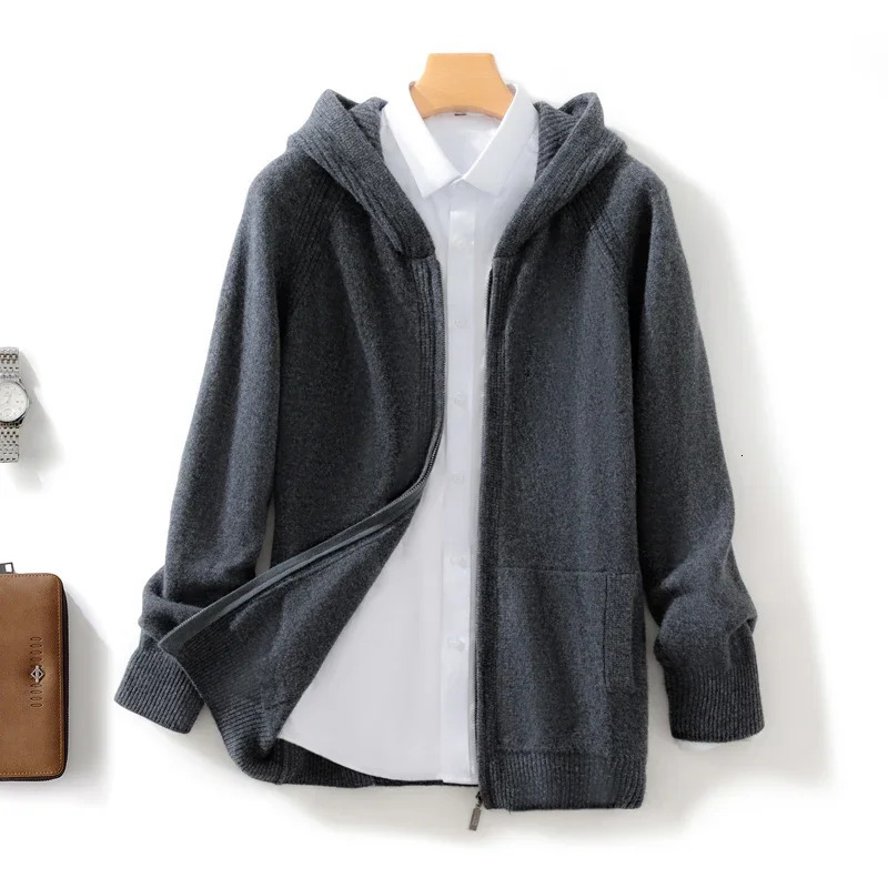Spring 100% Merino Wool Sweater Mens Hooded Zipper Cardigan Business Casual Knitted Solid Color Jacket Long sleeved Top 241018