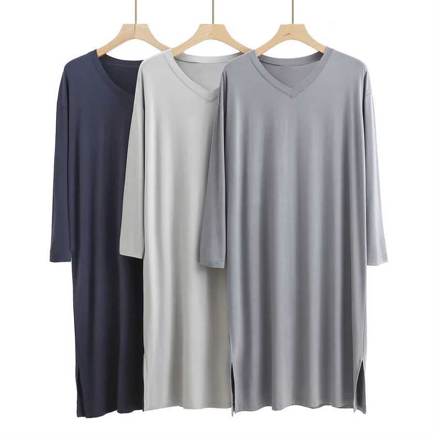 New 2024 Mens Pajamas Robe Casual Mid-length Modal V-neck Home Clothes Soft Stretch Bathrobes Male Sleepwear Dress LoungewearXJ241018