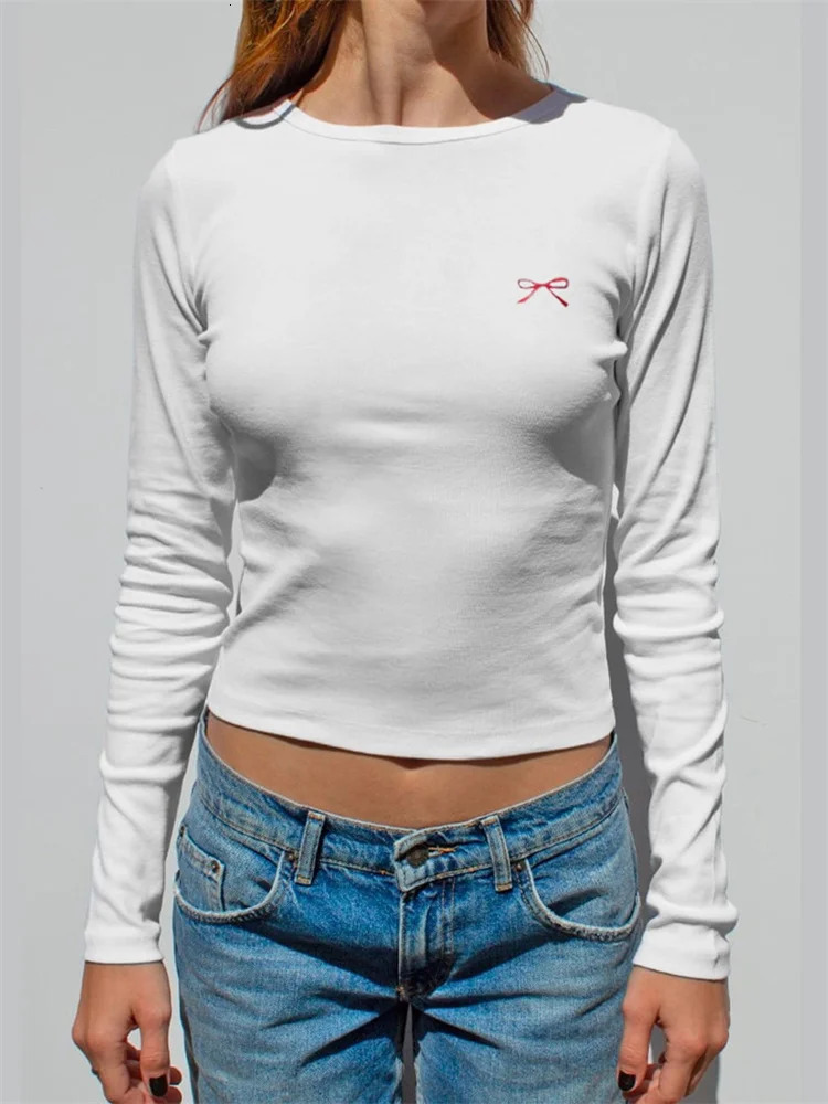 CHRONSTYLE Women TShirts Crop Tops Slim Fit Round Neck Long Sleeve Bow Embroidery Ribbed Tees Shirt Summer Fall Streetwear 241018