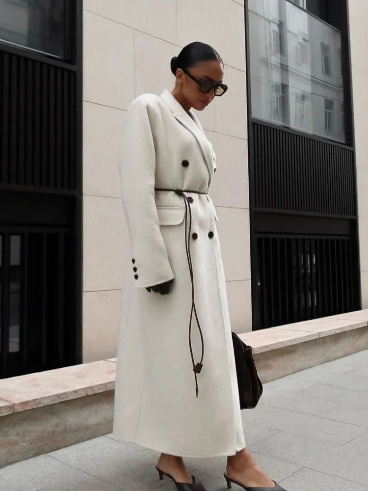 Chic Double Breasted Pocket Classic Womens Wool Blend Coat Long Sleeved Lapel Solid Color Autumn Coats Lady Street Outwear 241018