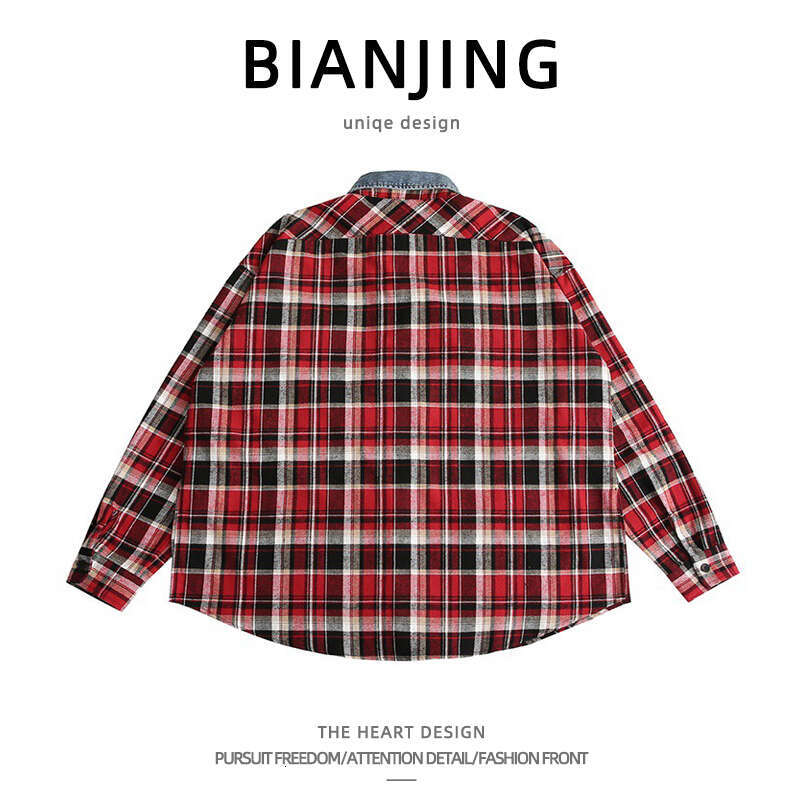 shanshi Men's shirts American high street denim collar checked shirt men's spring and autumn loose casual versatile couple long sleeved stud