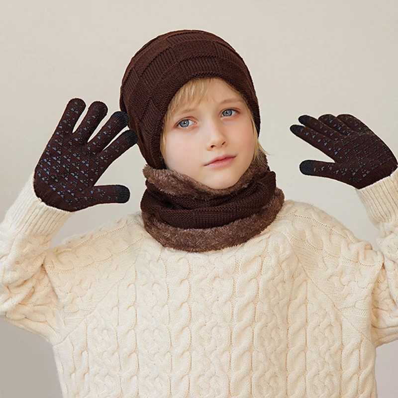 4Pcs Kids Winter Hat Scarf Gloves Set Plush Lining Children Beanie Neck Warmer Non-slip Gloves Kids Cap Set for Girls Boys LX241018