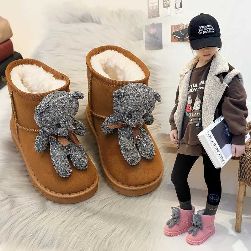 Boots Childrens Thick Plush Snow Boots Winter 2024 New Girl Cute Cartoon Bear Cotton Shoes Princess Warm Flat Ankle Boots H241018