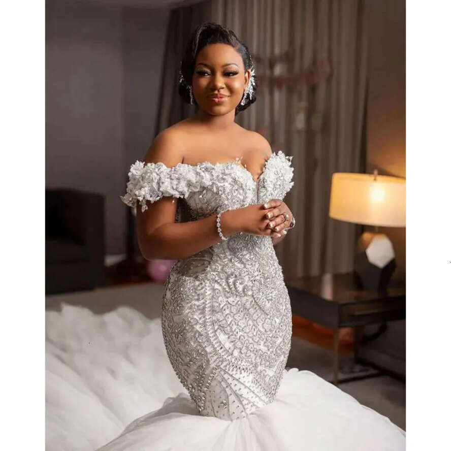 Arabic Aso Oct Ebi Urious White Mermaid Wedding Dress Beaded Crystals Tulle Bridal Gowns Dresses ZJ Es es