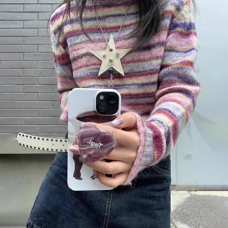 Karrram Japanese Y2k Turtleneck Sweater Vintage Rainbow Striped Pullover Korean Fashion Knitted Jumper Harajuku Grunge Knitwear 241010