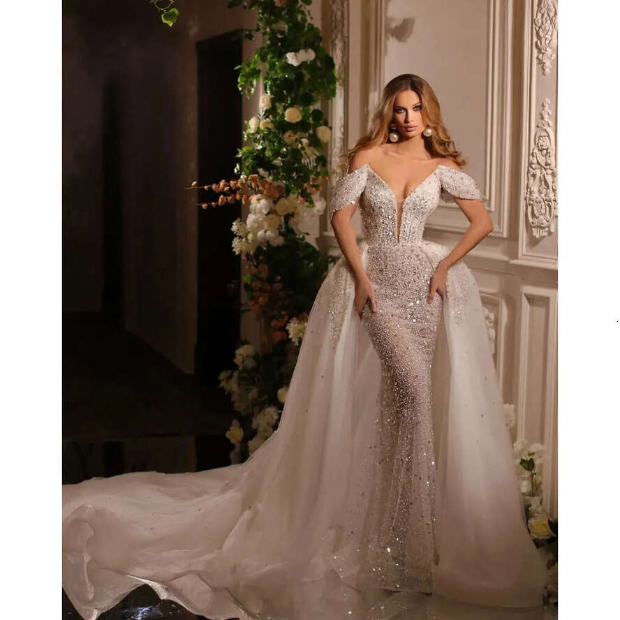 Gorgeous V Neck Off Mermaid The Wedding Dresses Shoulder Whole Body Sequins Backless Zipper Tulle Chapel Custom Made Plus Size Bridal Gown Vest De Nov
