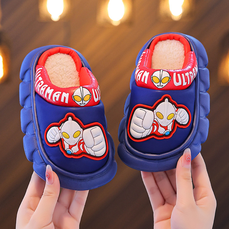 Ultraman children's cotton slippers for boys, waterproof for autumn and winter, anti slip and warm for children indoors, cotton slippers for babi