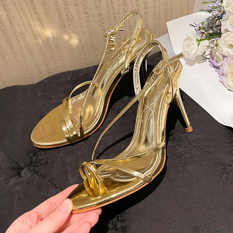 Sandals 9cm Heeled Sier Belt High Heels Sexy Women Summer Ladies Office Shoes Gold Stiletto Sandalias Mujer