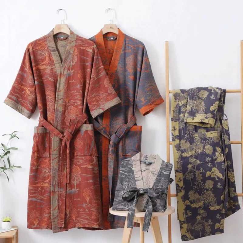 Fashion 100% Cotton Double-layer Gauze Kimono Robe Women men Bathrobe New Print Cardigan Sleepwear Night Grow Hotel Spa RobeXJ241018