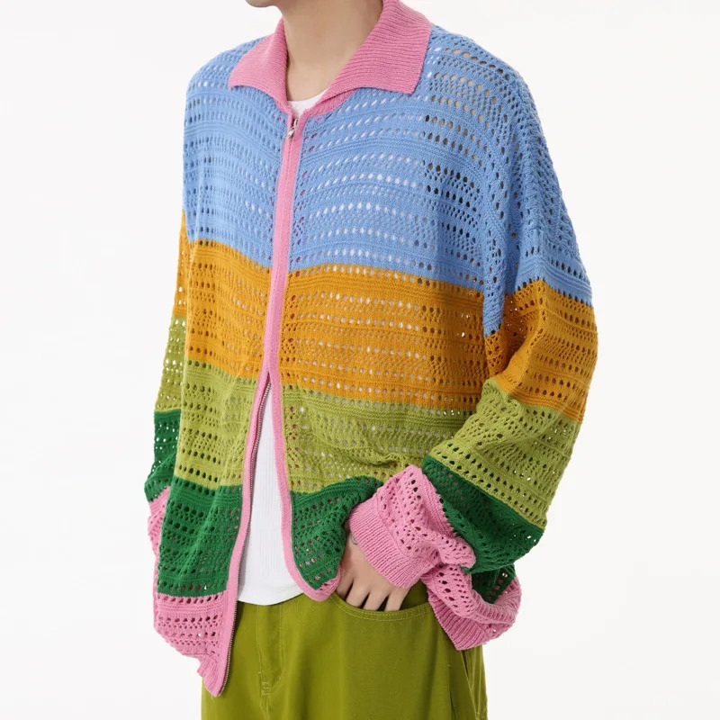 Autumn Product Korean Retro Color Contrast Hollow Rainbow Zipper Knitted Sweater Loose Long Sleeve Coat M4BF1591 241018