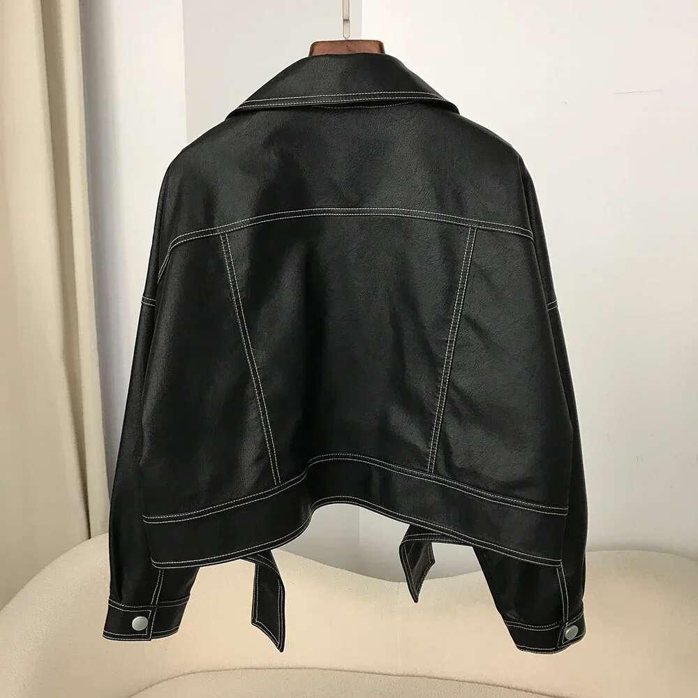 Spring Women Split Hem Black Faux PU Leather Coat Lapel Long Sleeve Female Biker Jacket Streetwear Casual Fashion