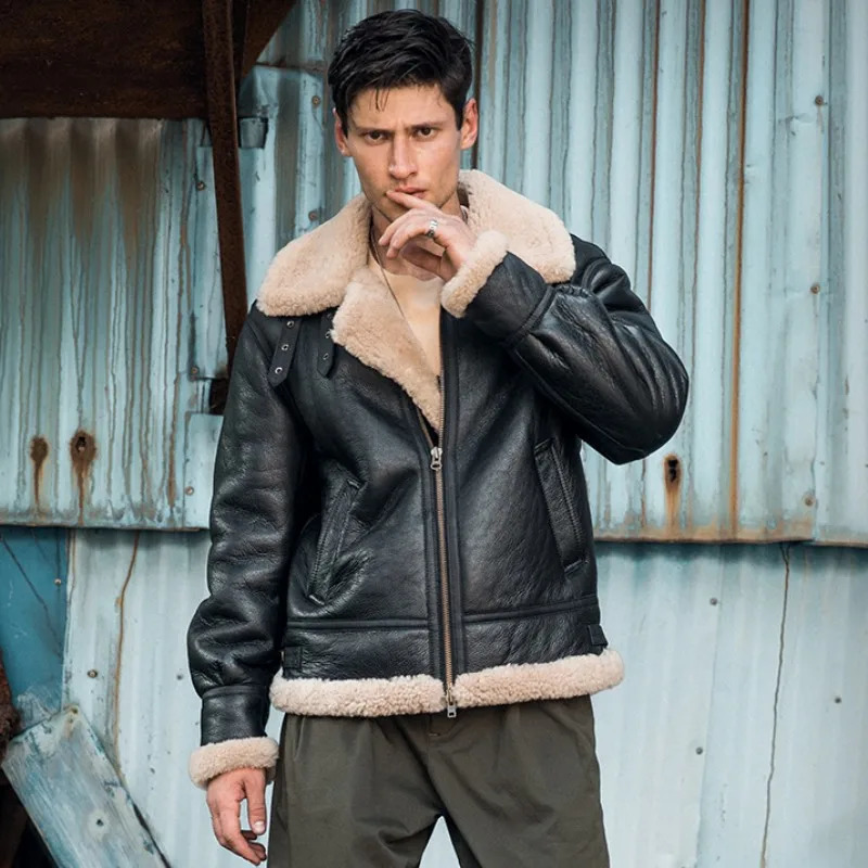 Mens Real Fur Classic Brown Black Bomber Jacket Winter Shearling Sheepskin Coat Men Genuine Leather Biker Jackets Large Size 6XL 241018