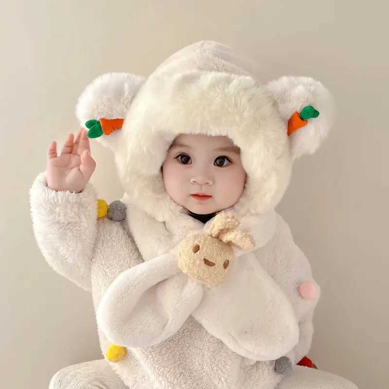 Winter Baby Hat Scarf One-Piece Faux Fur Kids Hats Bear Warm Neck Ear Cap for Boys Girls Windproof Beanies Infant Stuffs LX241018