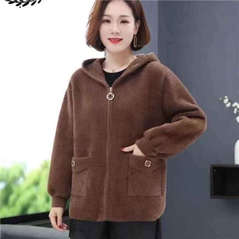 Womens Imitation Mink Cashmere Coat Thick Knitted Sweaters 2023 New Autumn Winter Middle Aged Loose Sweater Female CardiganX241018