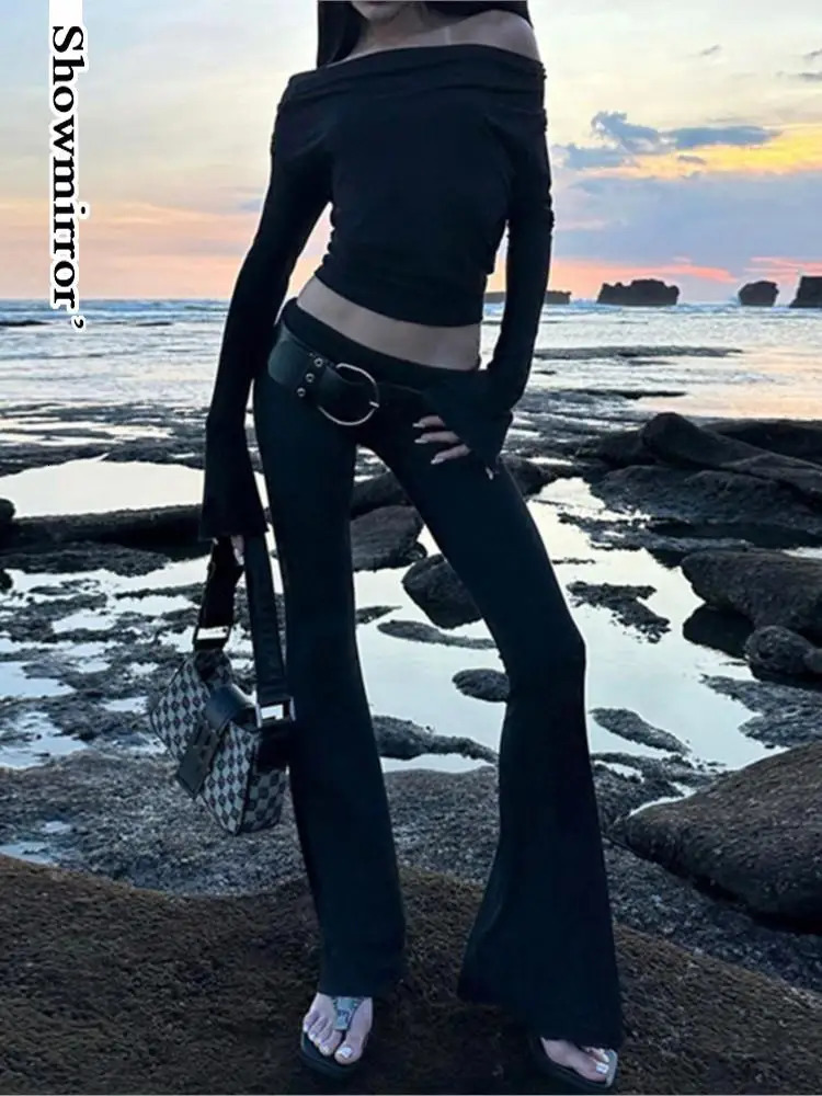 flare sleeve Hooded Crop Top tshirt Elastic Long Sleeve tee shirt Women Black Casual Tshirt Collar Hoodies Pullover 241018